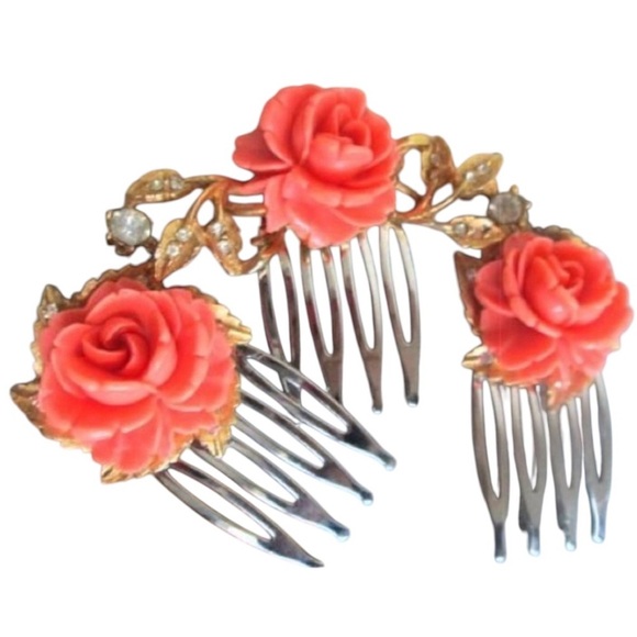 Bridal Spring Rose Hair Combs Coral Floral Statement Accessories NWT - Picture 2 of 3